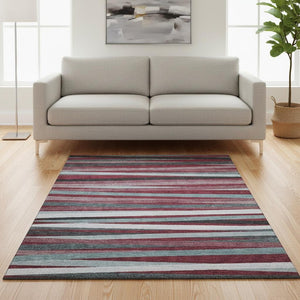 HomeRoots 5' X 8' Burgundy Gray Ivory Striped Washable Area Rug - Durable, UV-Protected, Stain Resistant Design 678468