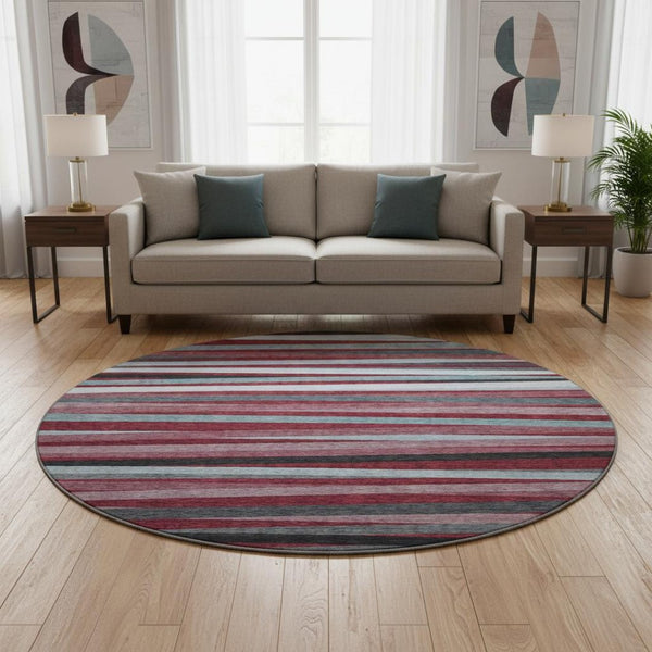HomeRoots 8' Washable Round Rug in Burgundy, Gray, Ivory Stripes - UV Protection & Non-Slip for High-Traffic Areas 678469