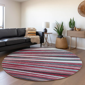 HomeRoots 8' Washable Round Rug in Burgundy, Gray, Ivory Stripes - UV Protection & Non-Slip for High-Traffic Areas 678469