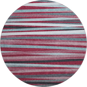HomeRoots 8' Washable Round Rug in Burgundy, Gray, Ivory Stripes - UV Protection & Non-Slip for High-Traffic Areas 678469