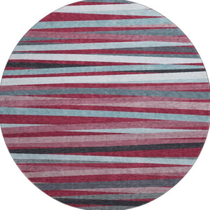 HomeRoots 8' Washable Round Rug in Burgundy, Gray, Ivory Stripes - UV Protection & Non-Slip for High-Traffic Areas 678469