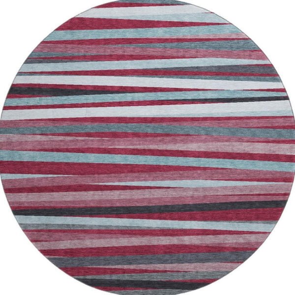 HomeRoots 8' Washable Round Rug in Burgundy, Gray, Ivory Stripes - UV Protection & Non-Slip for High-Traffic Areas 678469