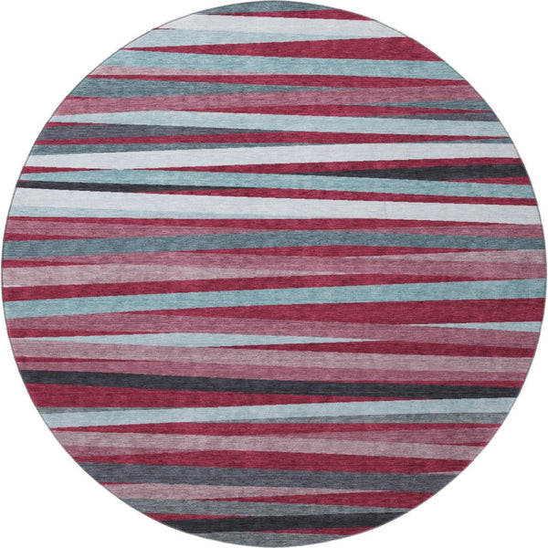 HomeRoots 8' Washable Round Rug in Burgundy, Gray, Ivory Stripes - UV Protection & Non-Slip for High-Traffic Areas 678469
