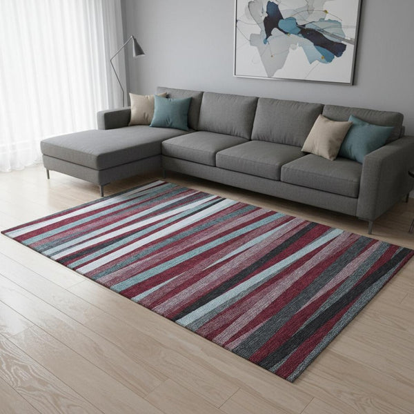 HomeRoots 8' X 10' Burgundy Gray Ivory Striped Area Rug - Durable, Washable, UV Protected for High-Traffic Spaces 678470