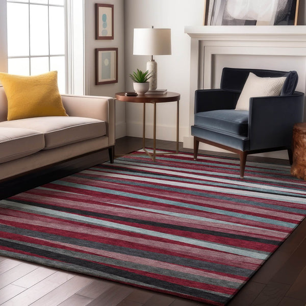 HomeRoots 8' X 10' Burgundy Gray Ivory Striped Area Rug - Durable, Washable, UV Protected for High-Traffic Spaces 678470