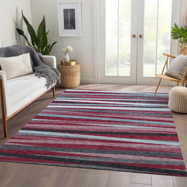 HomeRoots 8' X 10' Burgundy Gray Ivory Striped Area Rug - Durable, Washable, UV Protected for High-Traffic Spaces 678470