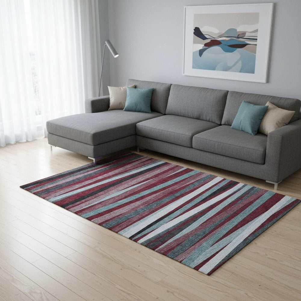 HomeRoots 9' X 12' Burgundy Gray Ivory Striped Washable Area Rug with UV Protection for Stylish Homes 678471