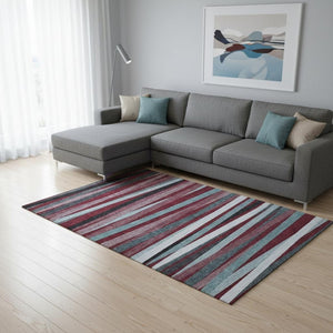 HomeRoots 9' X 12' Burgundy Gray Ivory Striped Washable Area Rug with UV Protection for Stylish Homes 678471