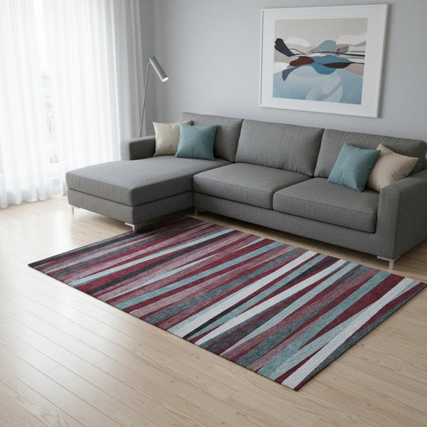 HomeRoots 9' X 12' Burgundy Gray Ivory Striped Washable Area Rug with UV Protection for Stylish Homes 678471