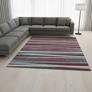 HomeRoots 10' X 14' Washable Burgundy Gray Ivory Striped Area Rug - UV Protected, Durable & Stylish Design 678472