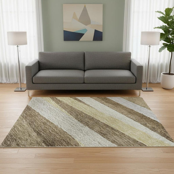 HomeRoots 5' X 8' Durable Brown Taupe Beige Striped Washable Area Rug with UV Protection for Family Homes 678474