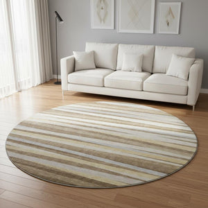HomeRoots 8' Washable Round Rug in Brown, Taupe & Beige Stripes with UV Protection for Homes with Kids & Pets 678475