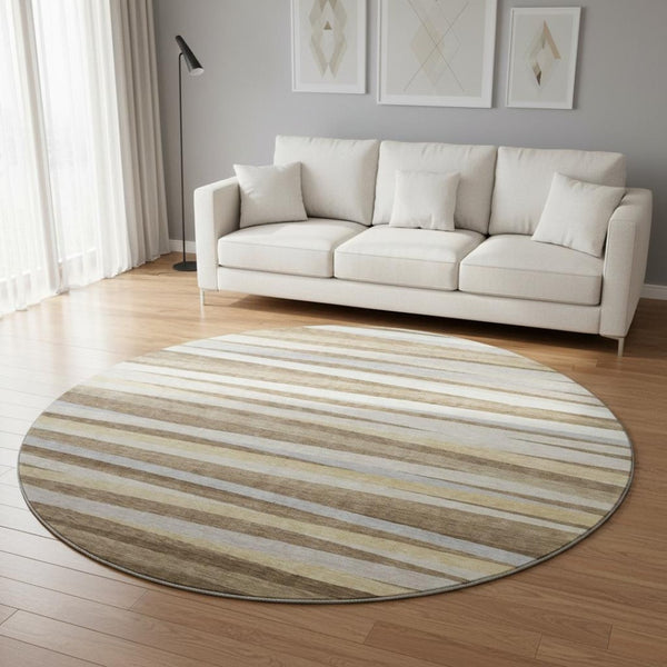 HomeRoots 8' Washable Round Rug in Brown, Taupe & Beige Stripes with UV Protection for Homes with Kids & Pets 678475