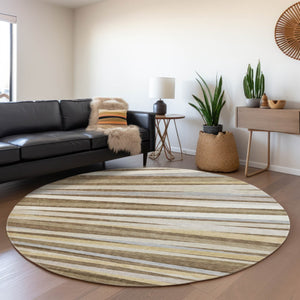 HomeRoots 8' Washable Round Rug in Brown, Taupe & Beige Stripes with UV Protection for Homes with Kids & Pets 678475