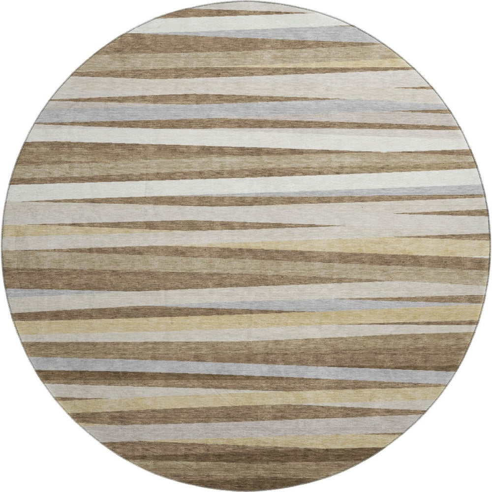HomeRoots 8' Washable Round Rug in Brown, Taupe & Beige Stripes with UV Protection for Homes with Kids & Pets 678475