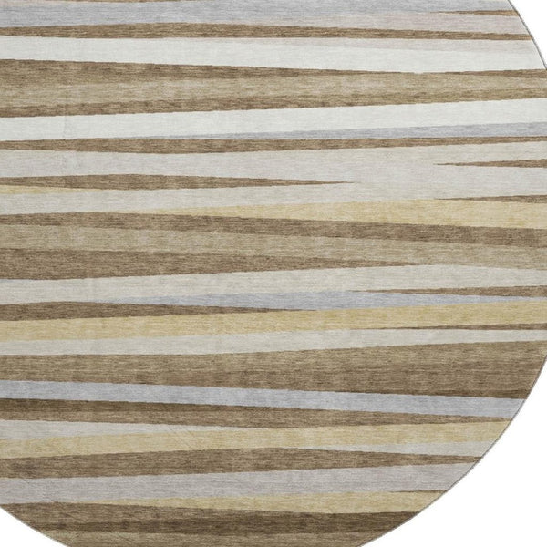 HomeRoots 8' Washable Round Rug in Brown, Taupe & Beige Stripes with UV Protection for Homes with Kids & Pets 678475