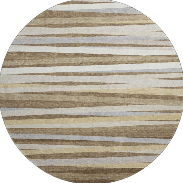 HomeRoots 8' Washable Round Rug in Brown, Taupe & Beige Stripes with UV Protection for Homes with Kids & Pets 678475