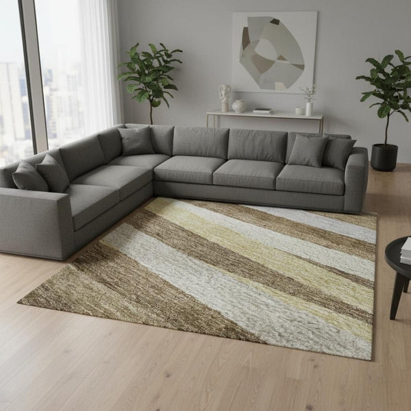 HomeRoots 8' X 10' Washable Striped Area Rug in Brown Taupe & Beige - Durable, UV Protected, Pet-Friendly Design 678476