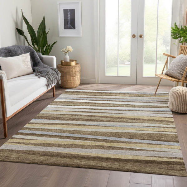 HomeRoots 9' Brown Taupe & Beige Striped Washable Area Rug - UV Protected, Durable, Family-Friendly Design 678477