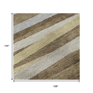 HomeRoots 9' Brown Taupe & Beige Striped Washable Area Rug - UV Protected, Durable, Family-Friendly Design 678477