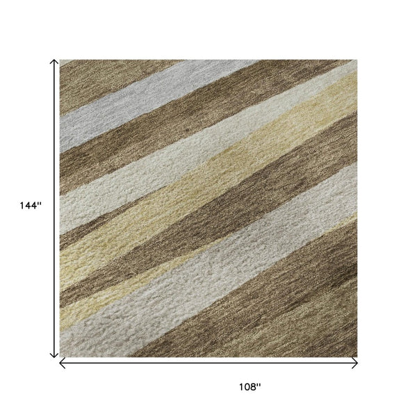 HomeRoots 9' Brown Taupe & Beige Striped Washable Area Rug - UV Protected, Durable, Family-Friendly Design 678477