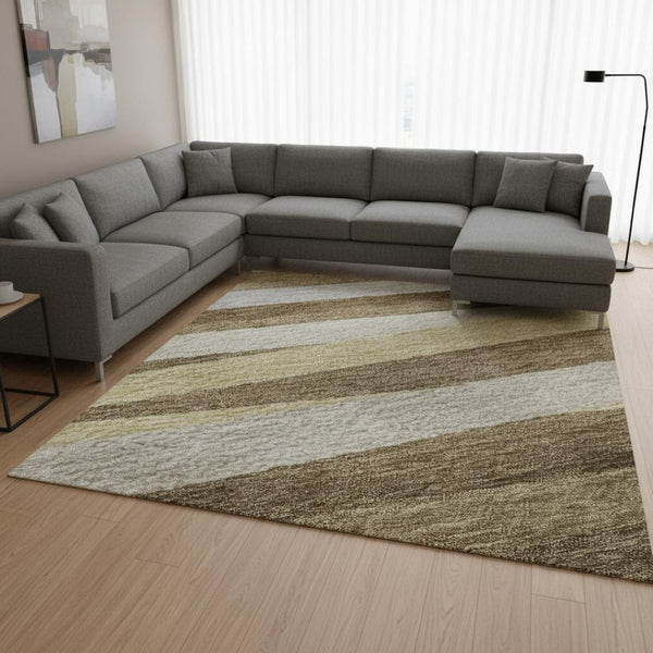 HomeRoots 9' Brown Taupe & Beige Striped Washable Area Rug - UV Protected, Durable, Family-Friendly Design 678477