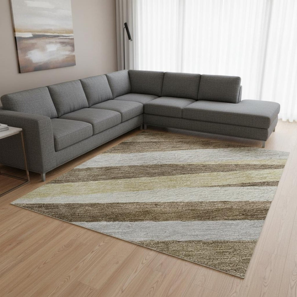 HomeRoots 10' Striped Area Rug in Brown, Taupe & Beige - Durable, Washable, UV Protection for High-Traffic Homes 678478
