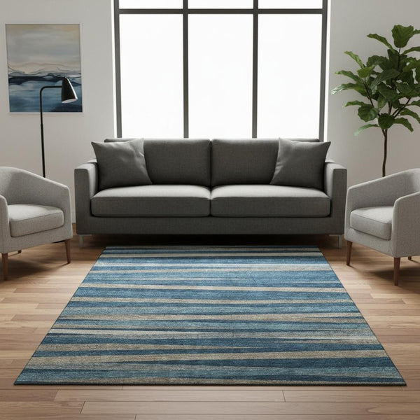 HomeRoots 5' X 8' Denim Blue Striped Area Rug - Stain Resistant, UV Protected, Perfect for High-Traffic Spaces 678480