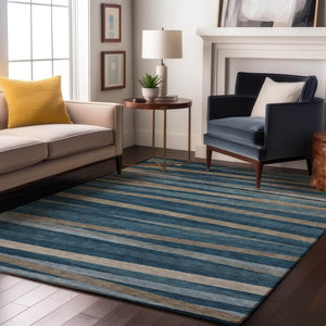 HomeRoots 5' X 8' Denim Blue Striped Area Rug - Stain Resistant, UV Protected, Perfect for High-Traffic Spaces 678480