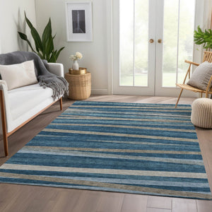 HomeRoots 5' X 8' Denim Blue Striped Area Rug - Stain Resistant, UV Protected, Perfect for High-Traffic Spaces 678480