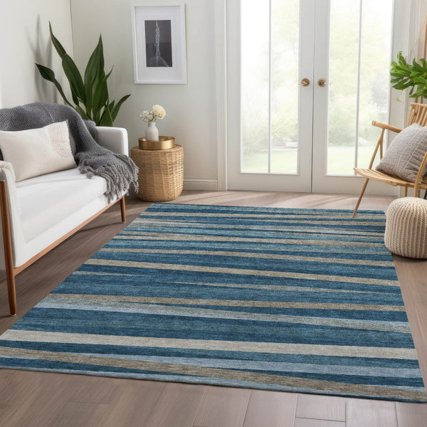 HomeRoots 5' X 8' Denim Blue Striped Area Rug - Stain Resistant, UV Protected, Perfect for High-Traffic Spaces 678480