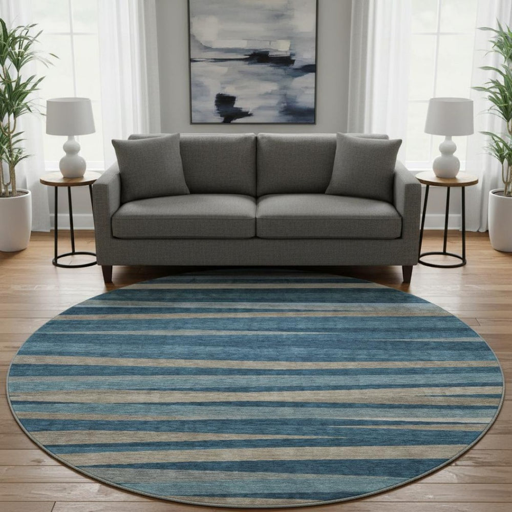 HomeRoots 8' Stylish Washable Round Rug in Denim Blue, Ivory & Beige Stripes - UV Protection & Stain Resistant 678481