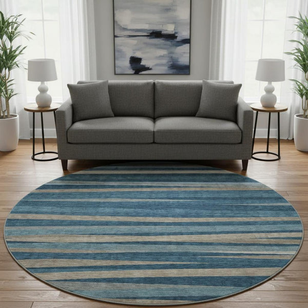 HomeRoots 8' Stylish Washable Round Rug in Denim Blue, Ivory & Beige Stripes - UV Protection & Stain Resistant 678481