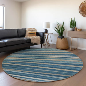 HomeRoots 8' Stylish Washable Round Rug in Denim Blue, Ivory & Beige Stripes - UV Protection & Stain Resistant 678481
