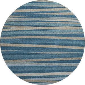HomeRoots 8' Stylish Washable Round Rug in Denim Blue, Ivory & Beige Stripes - UV Protection & Stain Resistant 678481