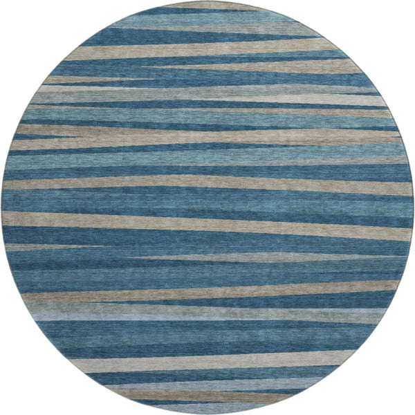 HomeRoots 8' Stylish Washable Round Rug in Denim Blue, Ivory & Beige Stripes - UV Protection & Stain Resistant 678481