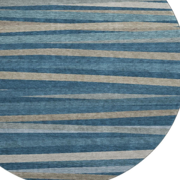 HomeRoots 8' Stylish Washable Round Rug in Denim Blue, Ivory & Beige Stripes - UV Protection & Stain Resistant 678481