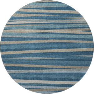 HomeRoots 8' Stylish Washable Round Rug in Denim Blue, Ivory & Beige Stripes - UV Protection & Stain Resistant 678481