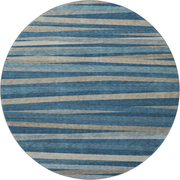 HomeRoots 8' Stylish Washable Round Rug in Denim Blue, Ivory & Beige Stripes - UV Protection & Stain Resistant 678481