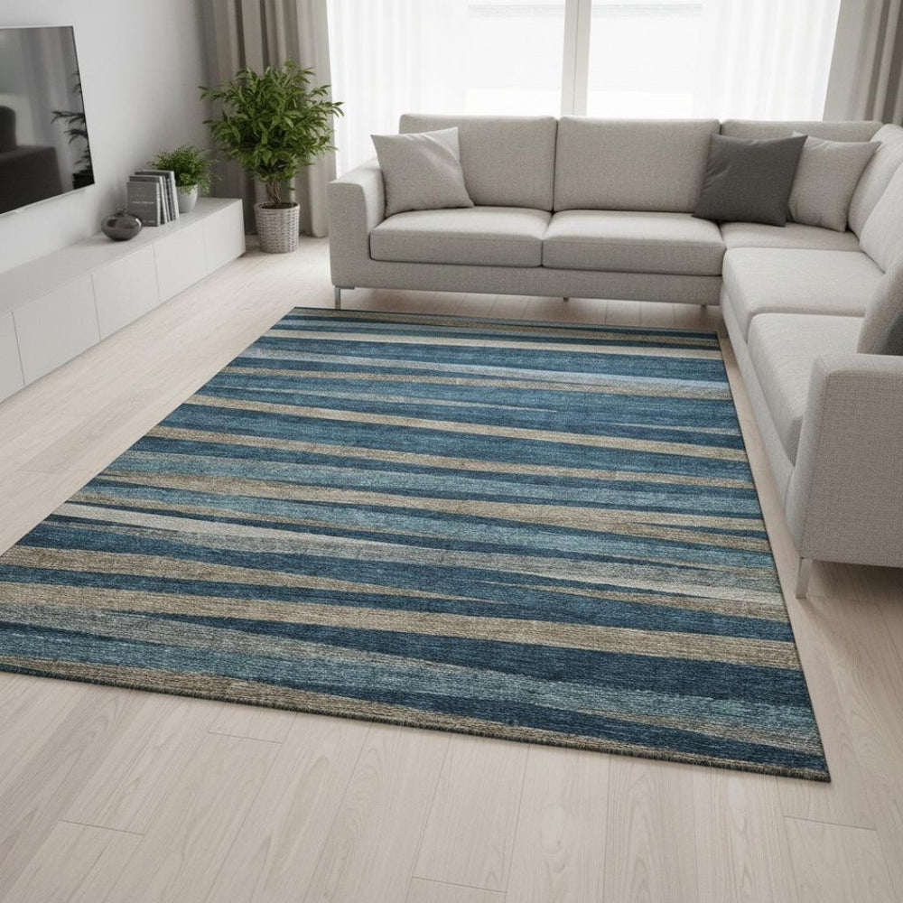 HomeRoots 9' X 12' Stylish Denim Blue, Ivory & Beige Striped Washable Area Rug with UV Protection & Durability 678483