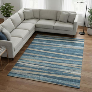 HomeRoots 10' Denim Blue Striped Area Rug with UV Protection - Washable, Durable, Stylish for High-Traffic Spaces 678484