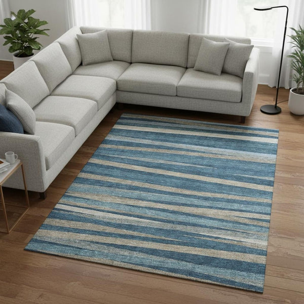HomeRoots 10' Denim Blue Striped Area Rug with UV Protection - Washable, Durable, Stylish for High-Traffic Spaces 678484