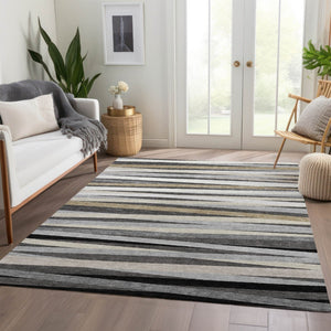 HomeRoots 5' X 8' Striped Area Rug in Gray, Silver & Beige - Washable, UV Protected, Perfect for High-Traffic Areas 678486