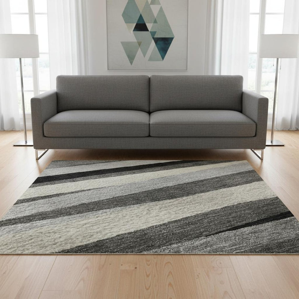 HomeRoots 5' X 8' Striped Area Rug in Gray, Silver & Beige - Washable, UV Protected, Perfect for High-Traffic Areas 678486