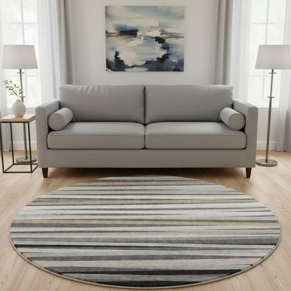HomeRoots 8' Gray-Silver and Beige Striped Round Rug - Washable, UV-Protected, Durable for Active Homes 678487