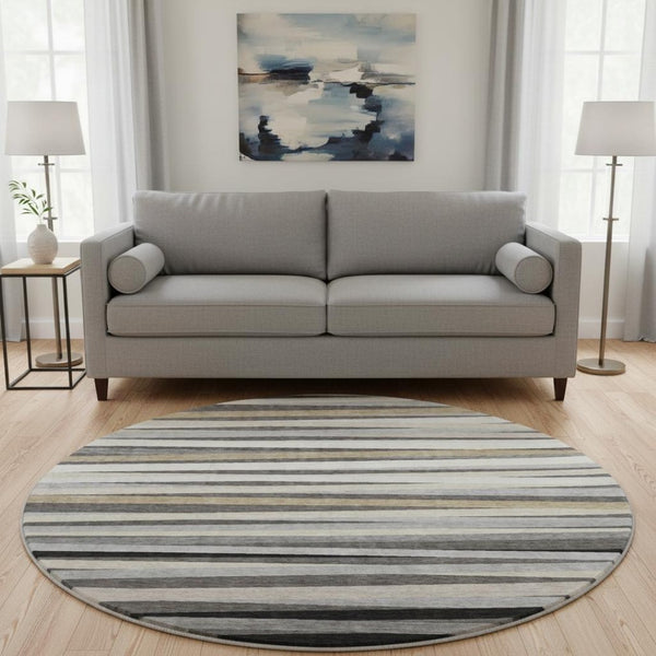 HomeRoots 8' Gray-Silver and Beige Striped Round Rug - Washable, UV-Protected, Durable for Active Homes 678487