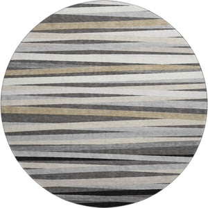 HomeRoots 8' Gray-Silver and Beige Striped Round Rug - Washable, UV-Protected, Durable for Active Homes 678487