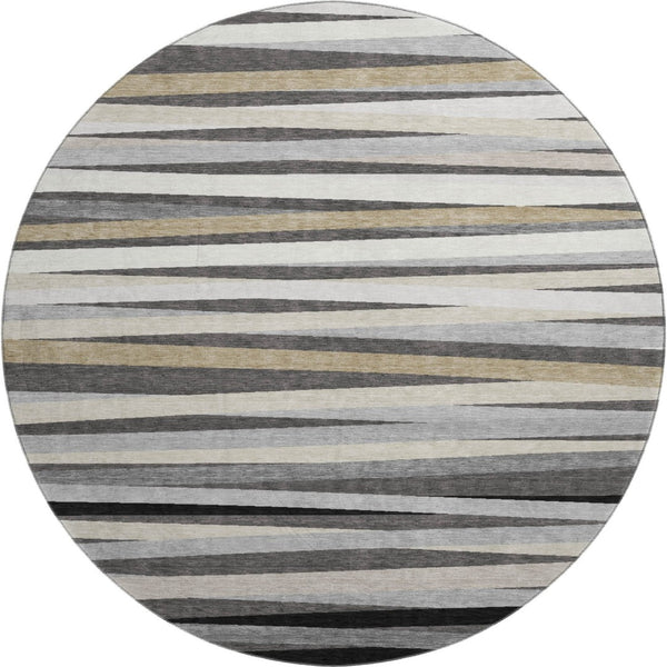 HomeRoots 8' Gray-Silver and Beige Striped Round Rug - Washable, UV-Protected, Durable for Active Homes 678487