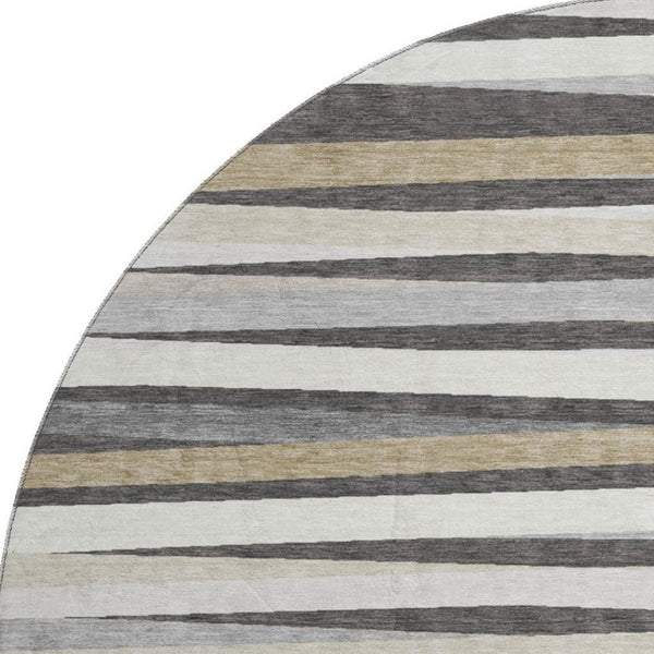 HomeRoots 8' Gray-Silver and Beige Striped Round Rug - Washable, UV-Protected, Durable for Active Homes 678487
