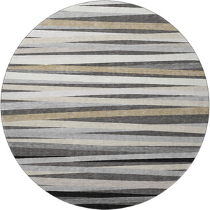 HomeRoots 8' Gray-Silver and Beige Striped Round Rug - Washable, UV-Protected, Durable for Active Homes 678487